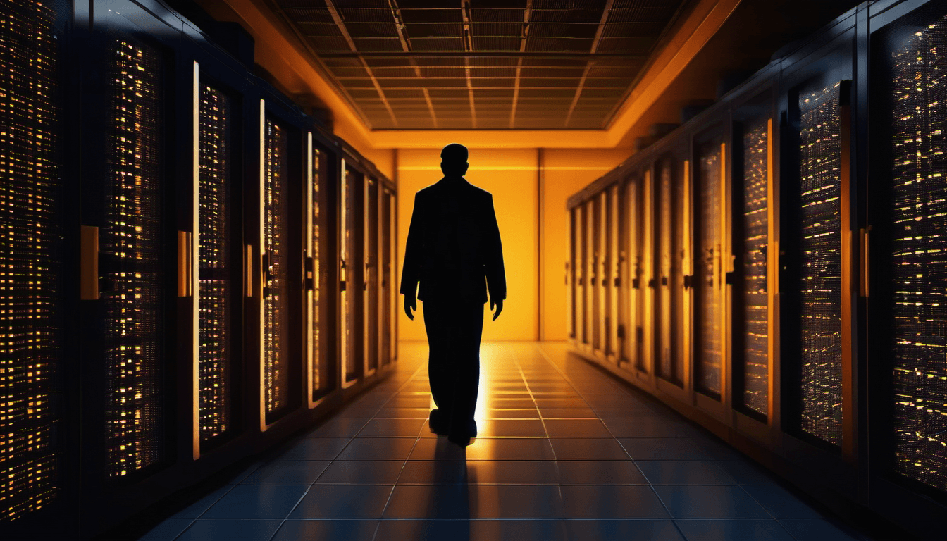Silhouette of a HostAfrica engineer walking down a data centre aisle lit by amber rack lighting