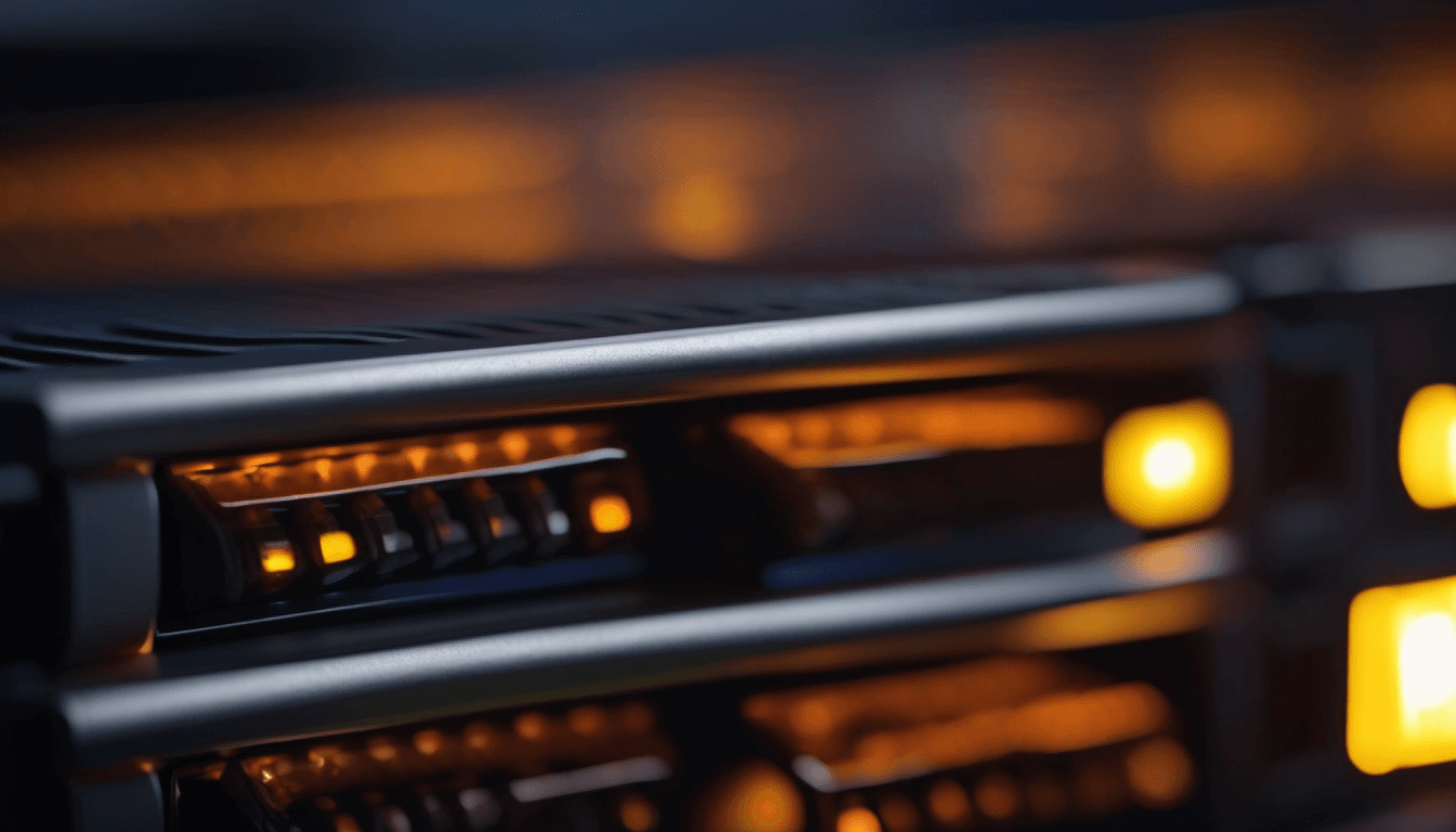 Close-up of a server blade being slid into a rack in a HostAfrica data hall, amber status lights glowing in the dark