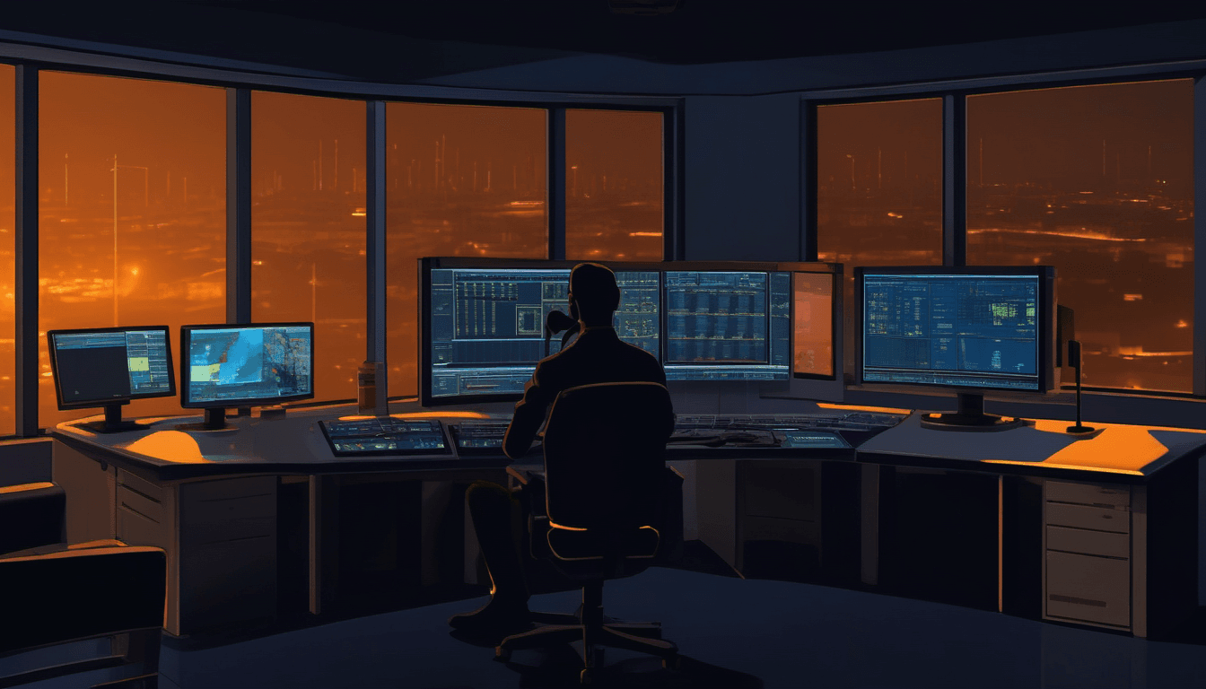 A support engineer silhouetted at a night operations desk, banks of amber-lit monitors glowing in a dark control room overlooking a South African city skyline