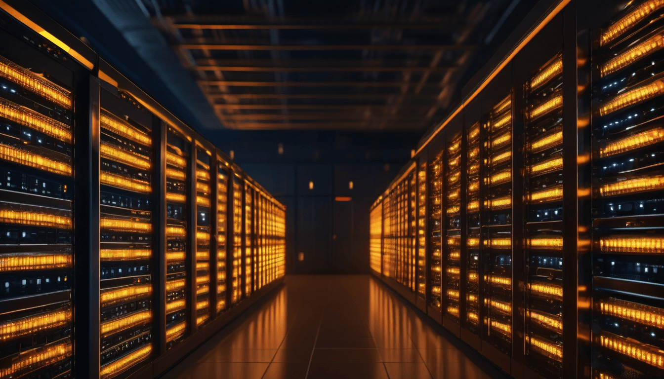 Ordered rows of illuminated server racks receding down a dark HostAfrica data hall aisle, amber indicator lights glowing on every unit