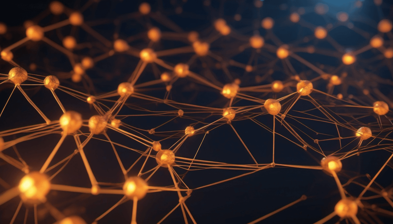 Abstract glowing network of interconnected nodes over a dark surface, representing HostAfrica's web hosting network