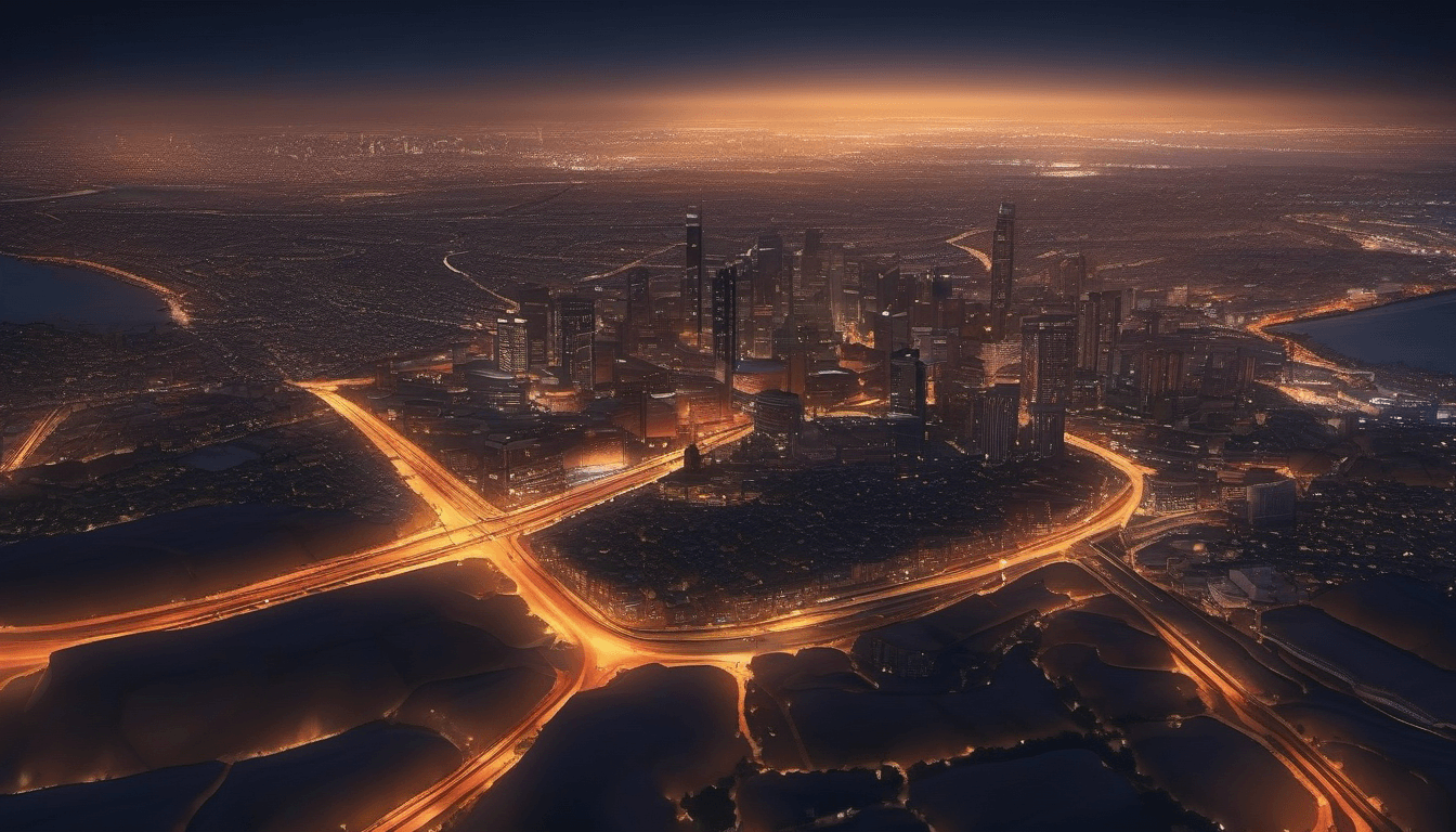 Aerial night view of a South African city skyline, with warm lights tracing the roads and fibre routes below