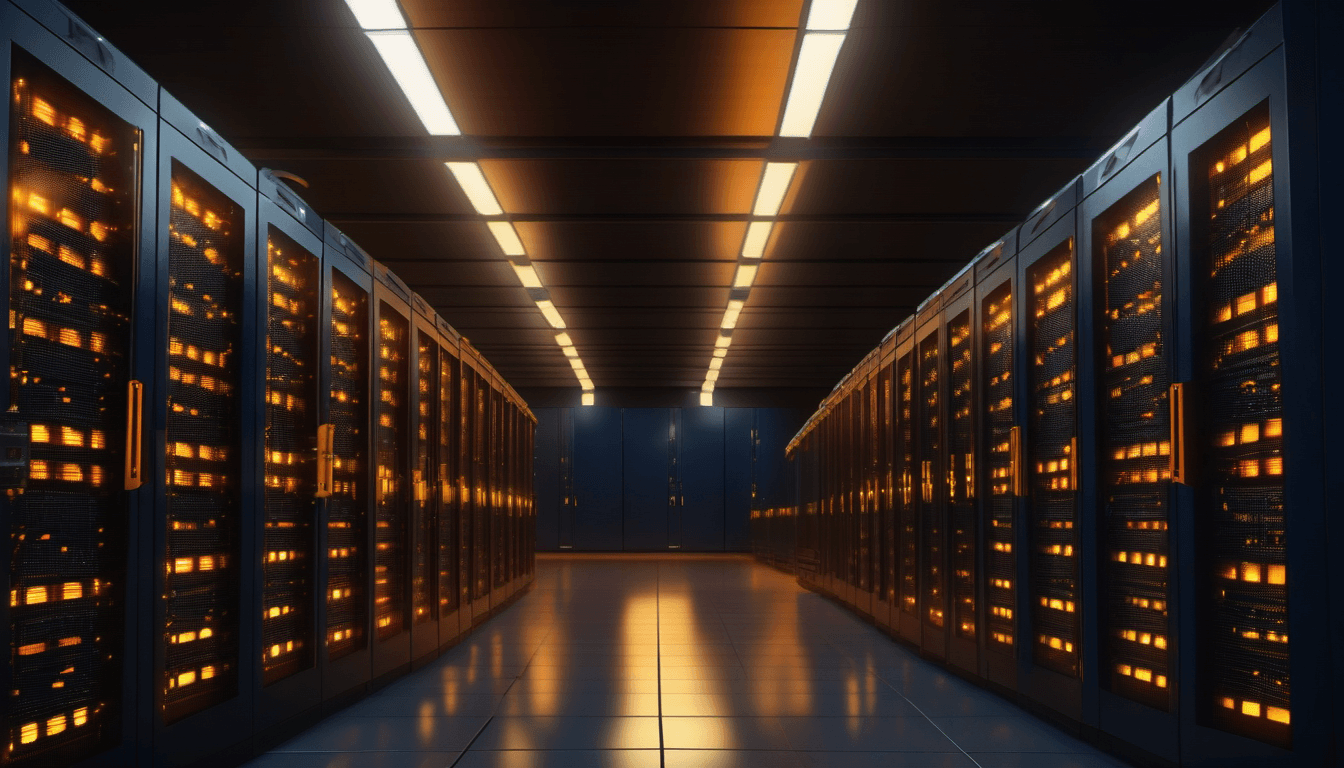 A server room aisle at a HostAfrica data centre, racks of equipment lit by amber indicator lights receding into darkness